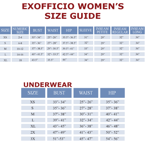 Ex Officio Women S Size Chart